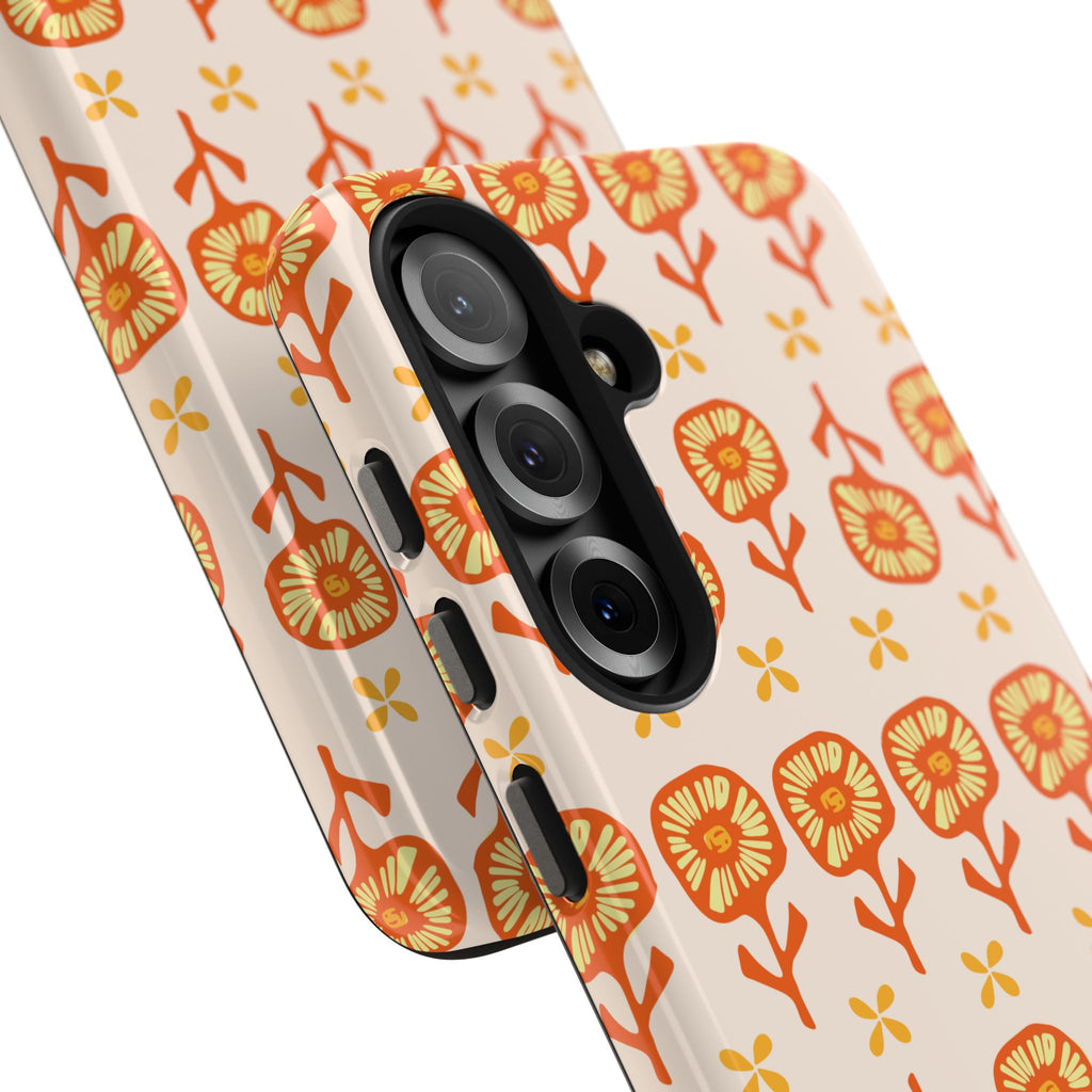 Retro Orange Floral Tough Phone Case — Durable Protective Phone Cover