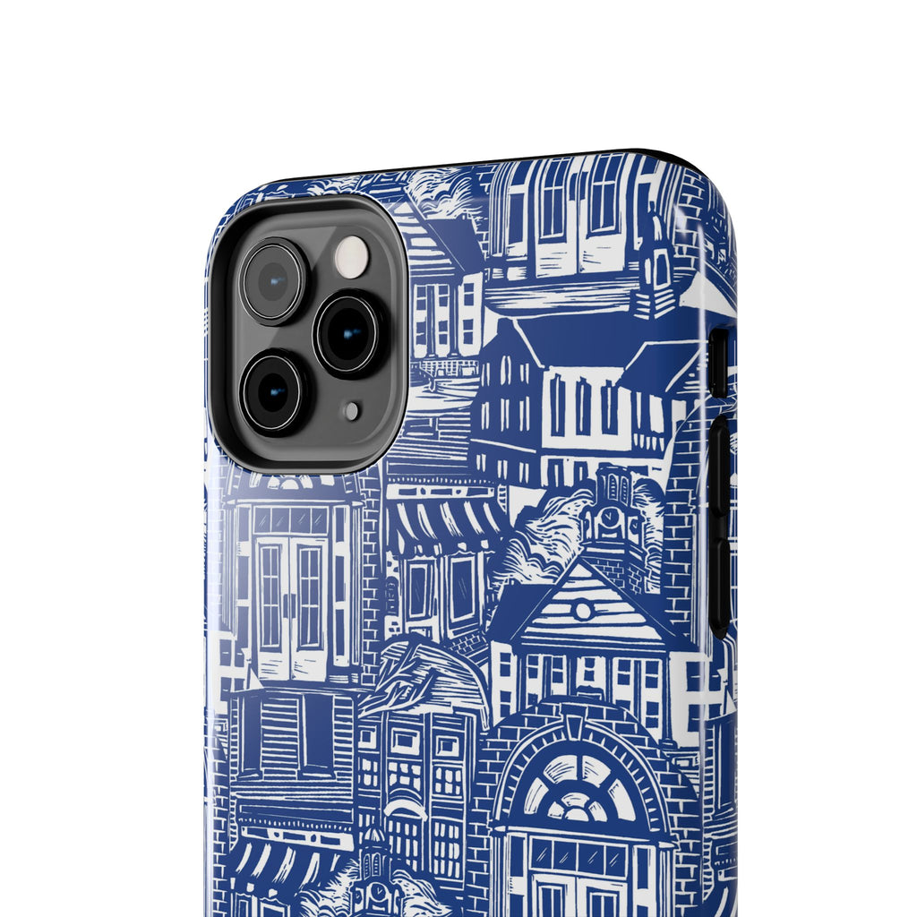 Doorway Cottage Pattern Tough Phone Case — Blue Architectural Houses Protective Cover