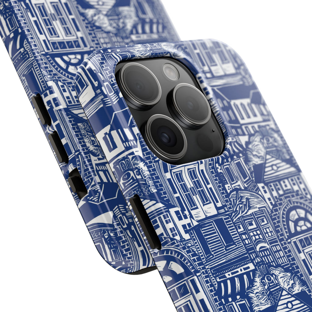 Doorway Cottage Pattern Tough Phone Case — Blue Architectural Houses Protective Cover