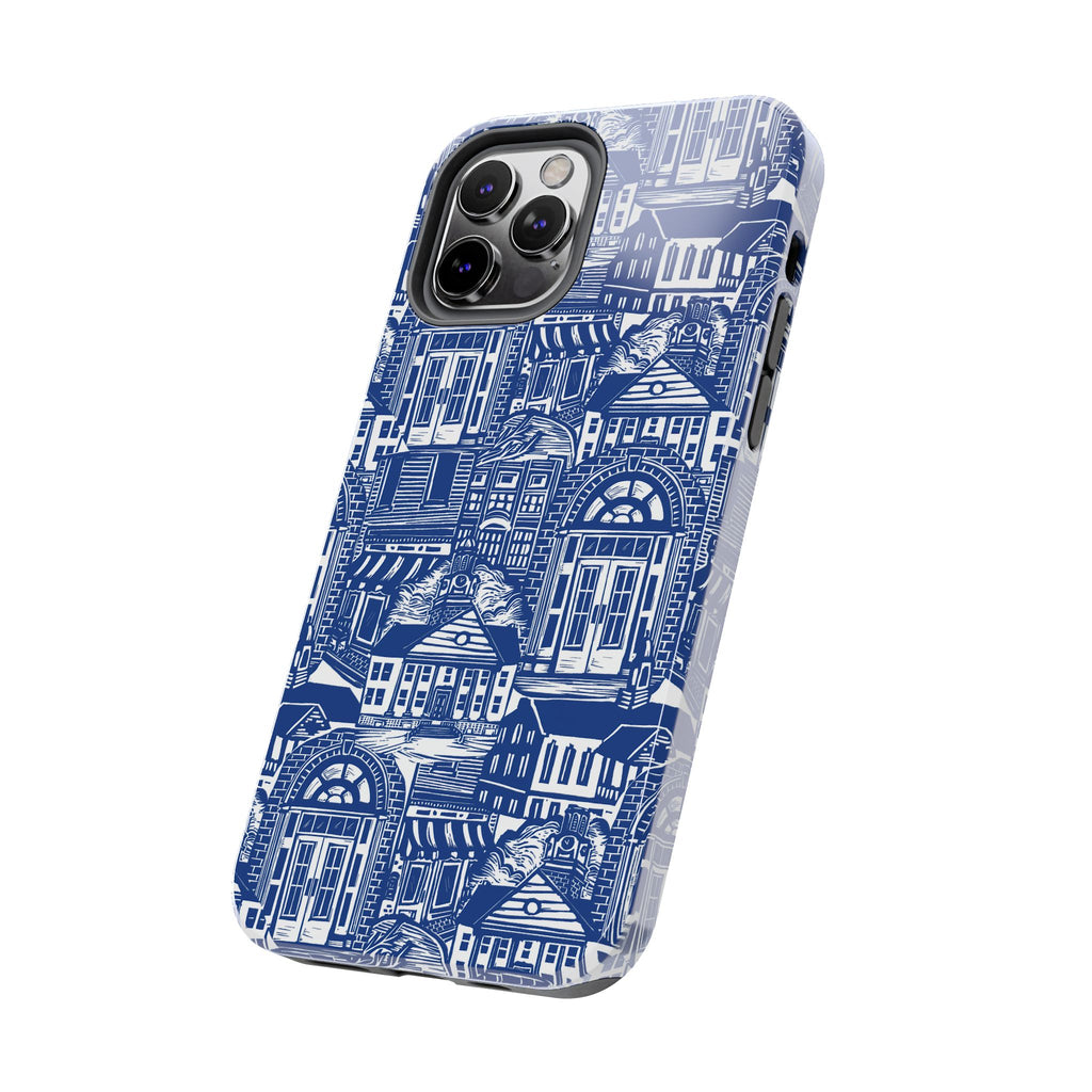 Doorway Cottage Pattern Tough Phone Case — Blue Architectural Houses Protective Cover