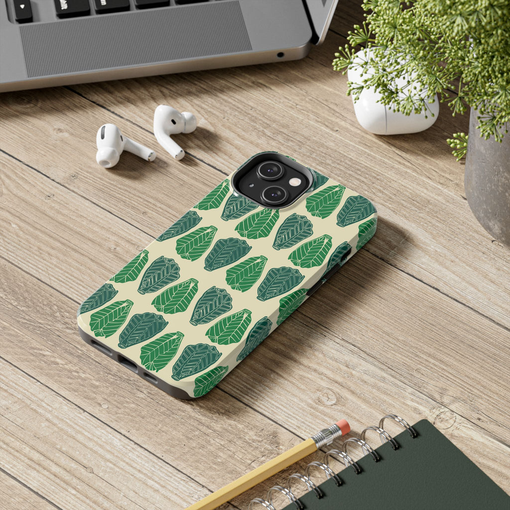 Leaf Pattern Tough Phone Case — Green Botanical Protective Phone Cover