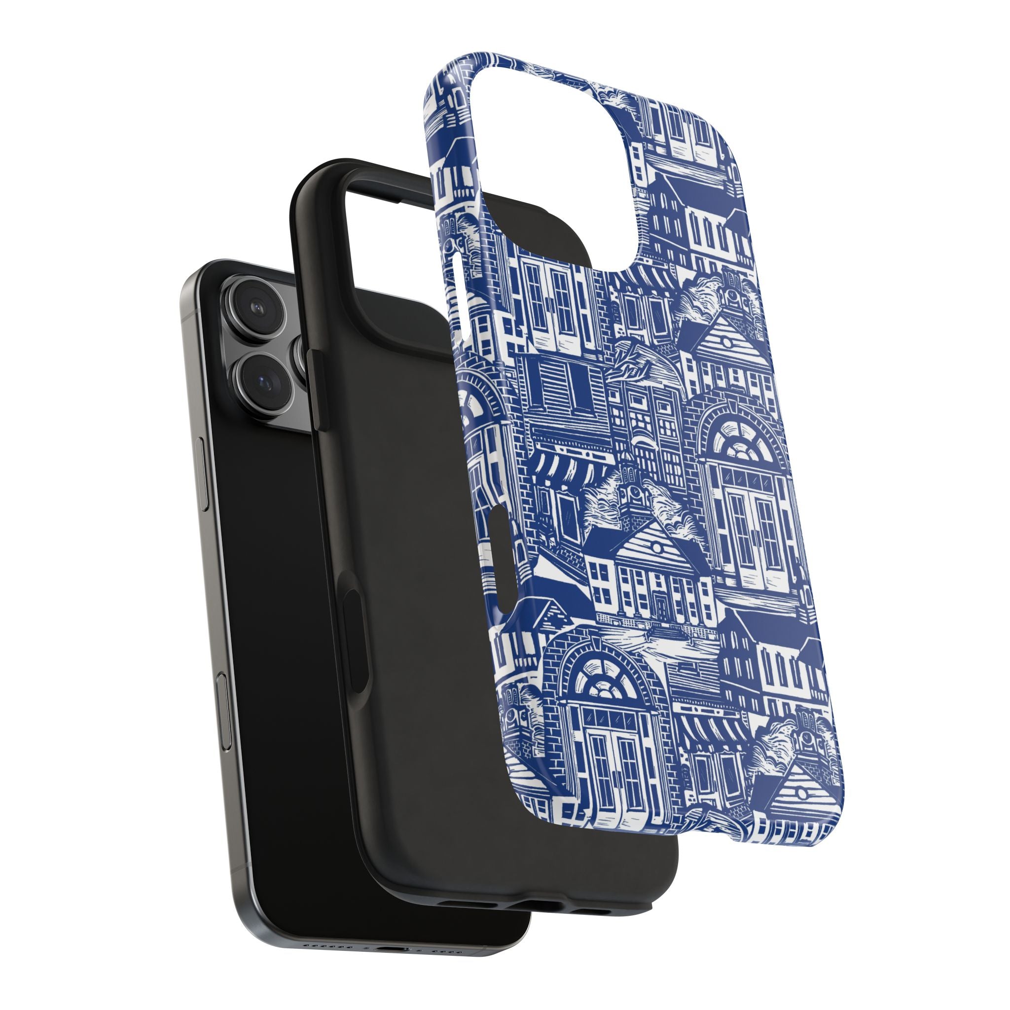 Doorway Cottage Pattern Tough Phone Case — Blue Architectural Houses Protective Cover