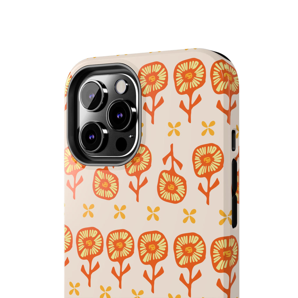 Retro Orange Floral Tough Phone Case — Durable Protective Phone Cover