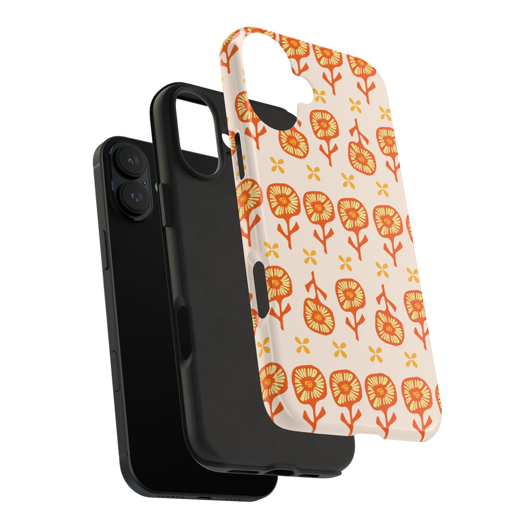 Retro Orange Floral Tough Phone Case — Durable Protective Phone Cover
