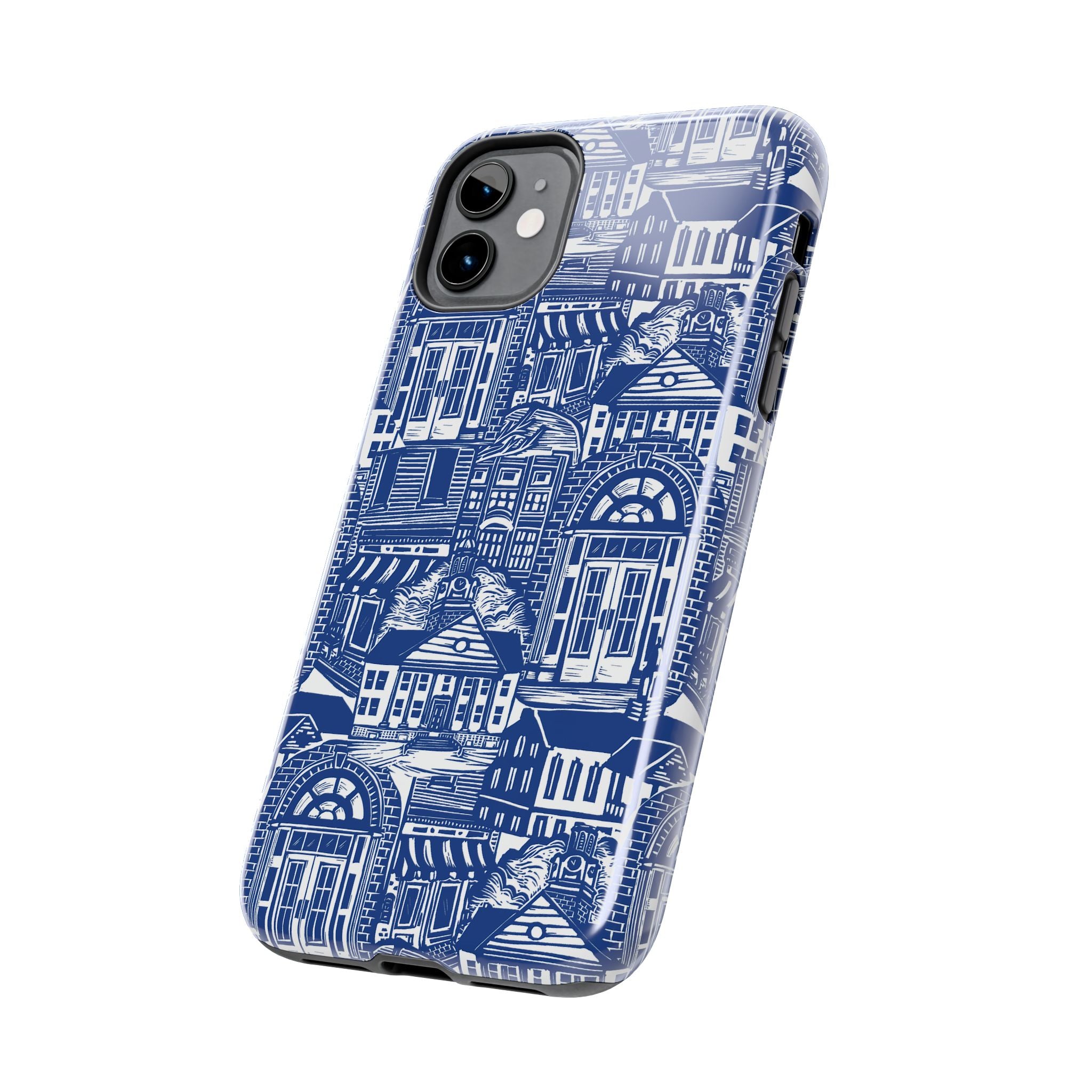 Doorway Cottage Pattern Tough Phone Case — Blue Architectural Houses Protective Cover