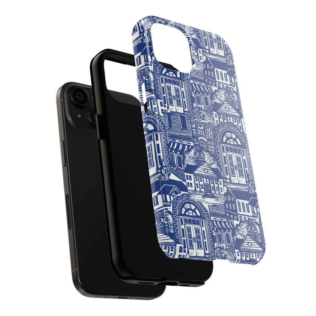 Doorway Cottage Pattern Tough Phone Case — Blue Architectural Houses Protective Cover