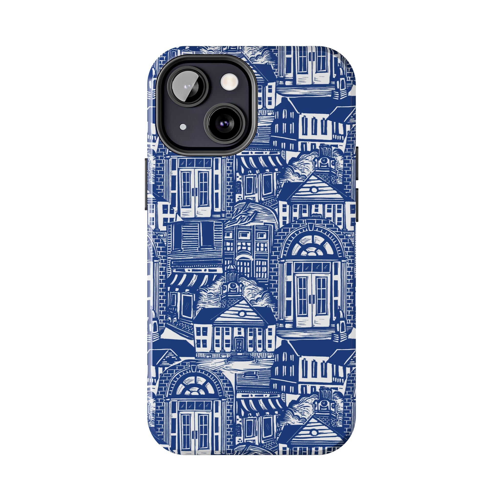 Doorway Cottage Pattern Tough Phone Case — Blue Architectural Houses Protective Cover