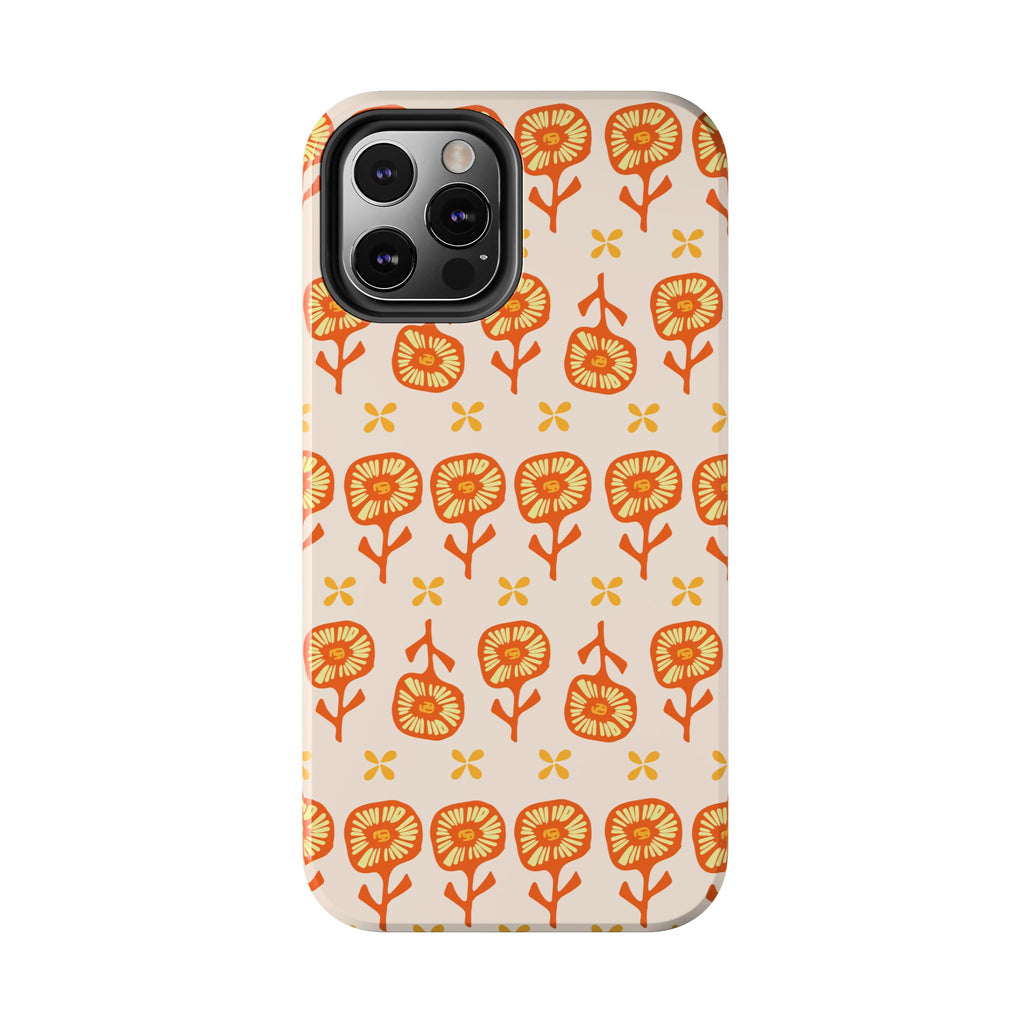 Retro Orange Floral Tough Phone Case — Durable Protective Phone Cover