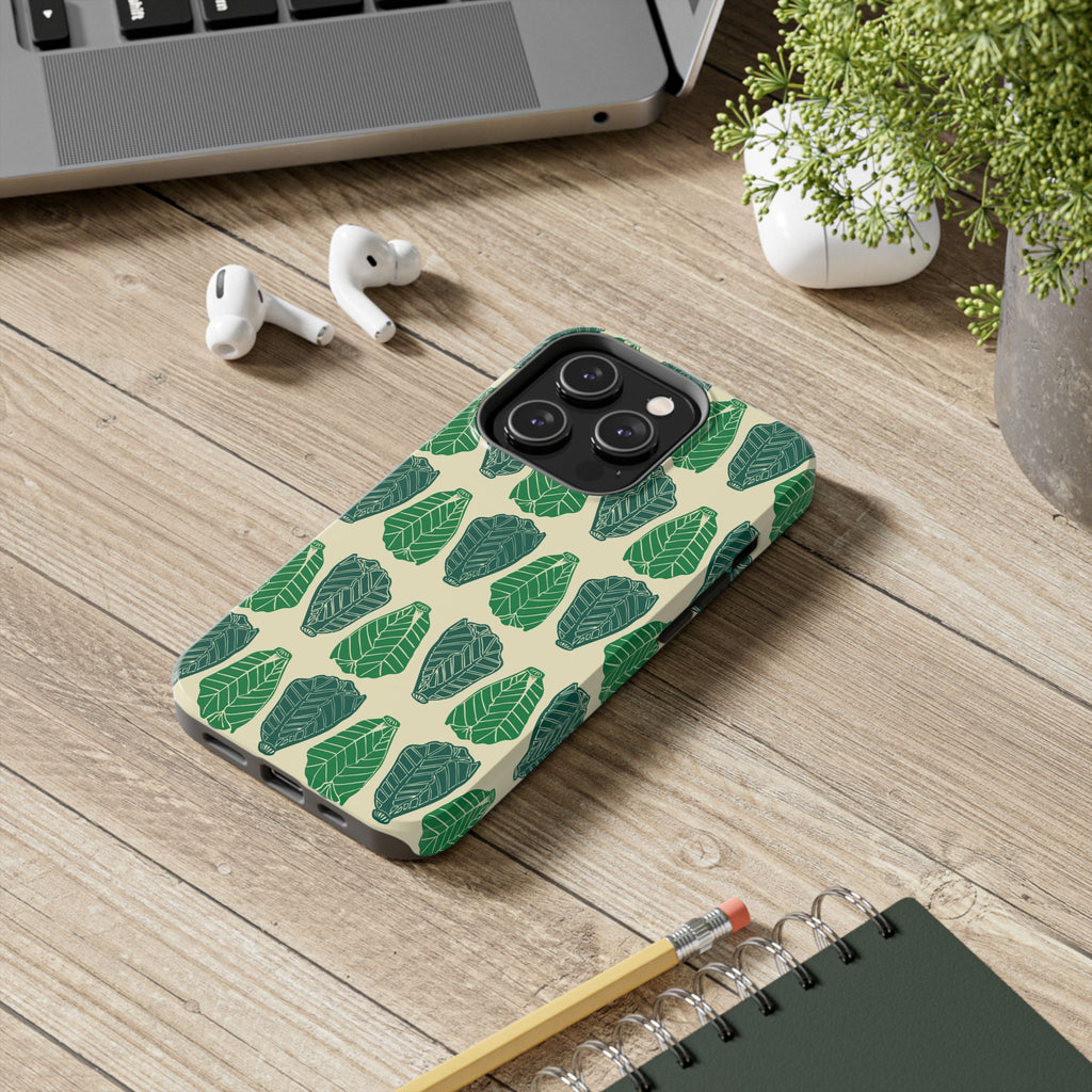 Leaf Pattern Tough Phone Case — Green Botanical Protective Phone Cover