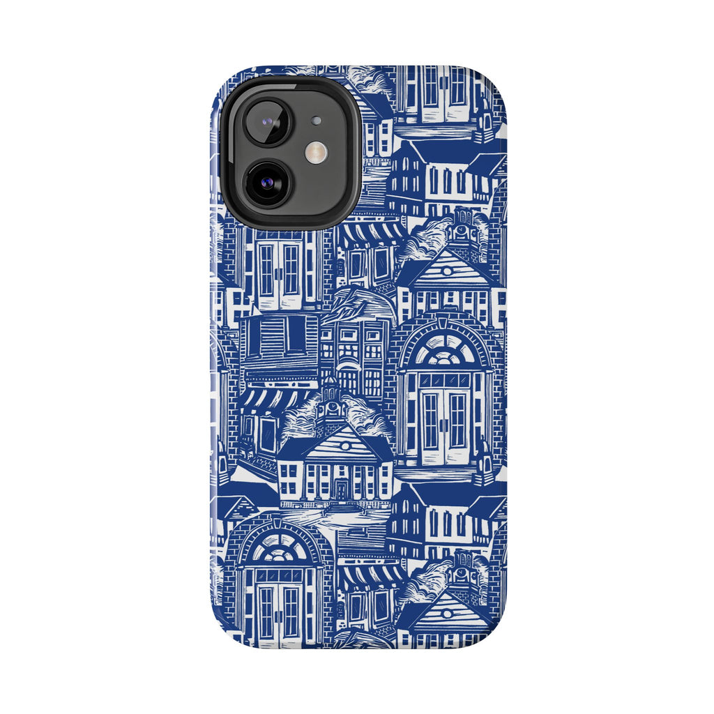 Doorway Cottage Pattern Tough Phone Case — Blue Architectural Houses Protective Cover