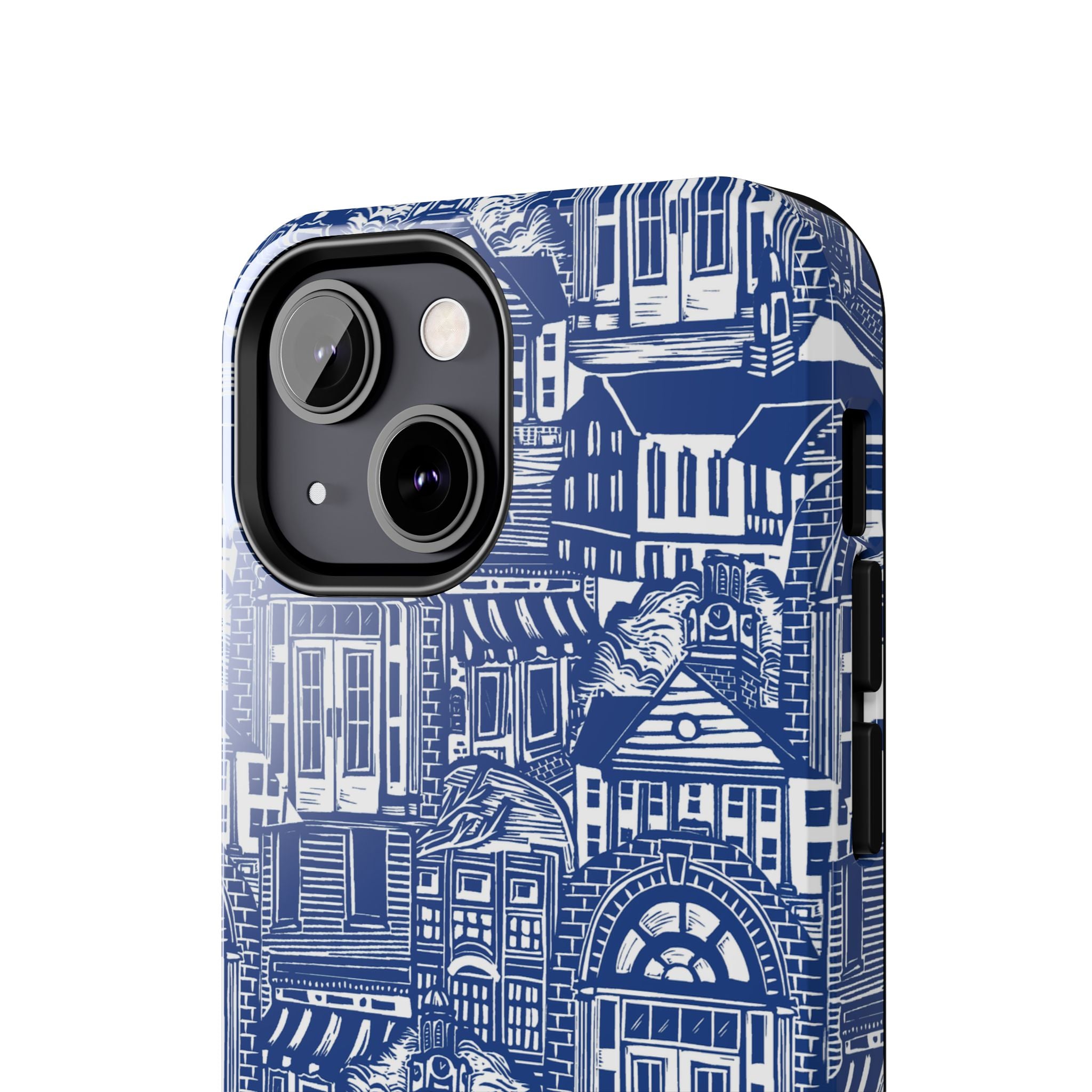 Doorway Cottage Pattern Tough Phone Case — Blue Architectural Houses Protective Cover
