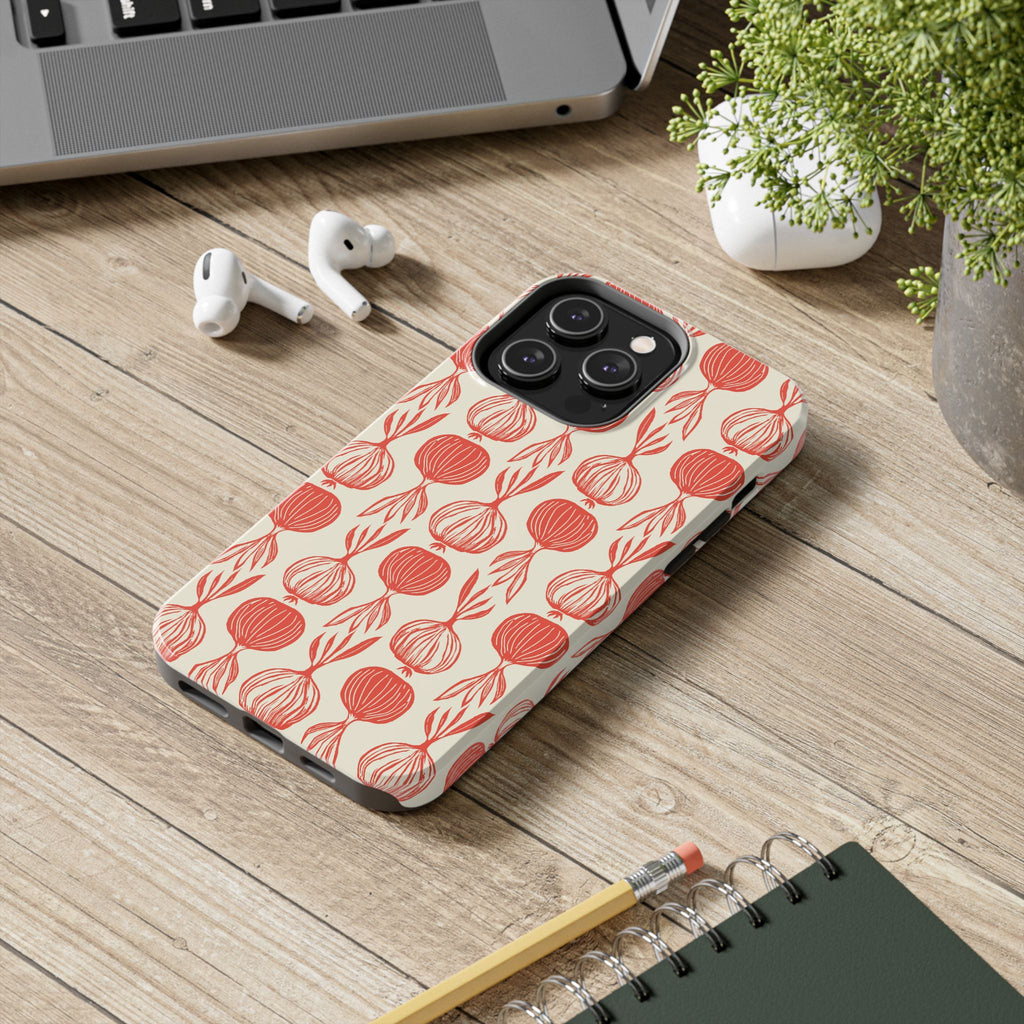 Floral Onion Pattern Tough Phone Case — Red Botanical Protective Phone Cover