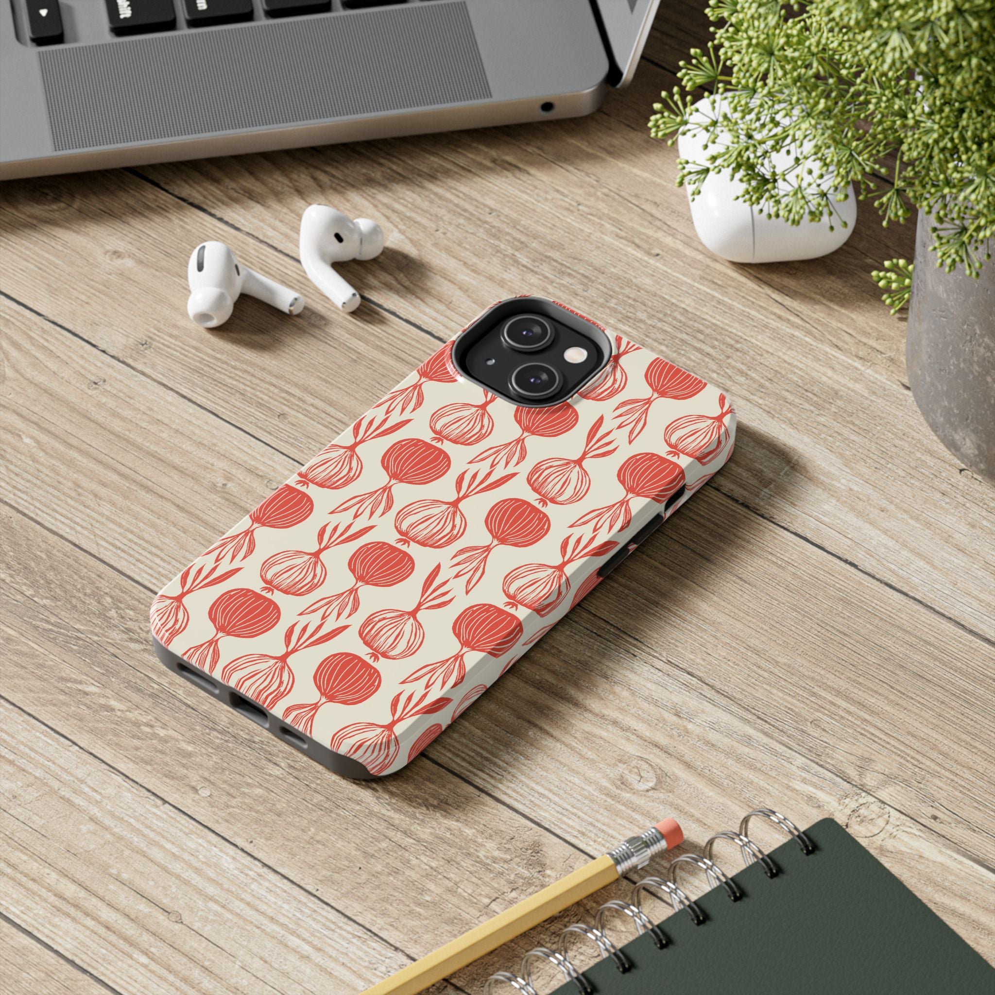 Floral Onion Pattern Tough Phone Case — Red Botanical Protective Phone Cover