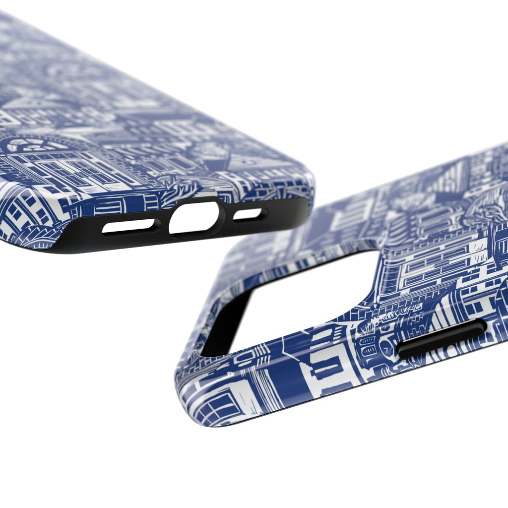 Doorway Cottage Pattern Tough Phone Case — Blue Architectural Houses Protective Cover