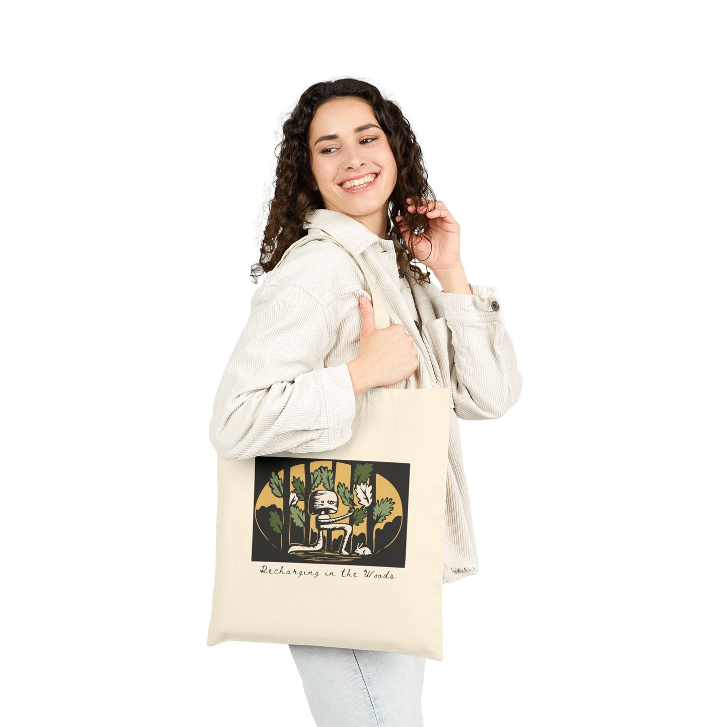 Cute Forest Robot Folk Art Tote Bag -  Whimsical Fantasy Forestcore Bag - Reboot - Recharging in the Woods