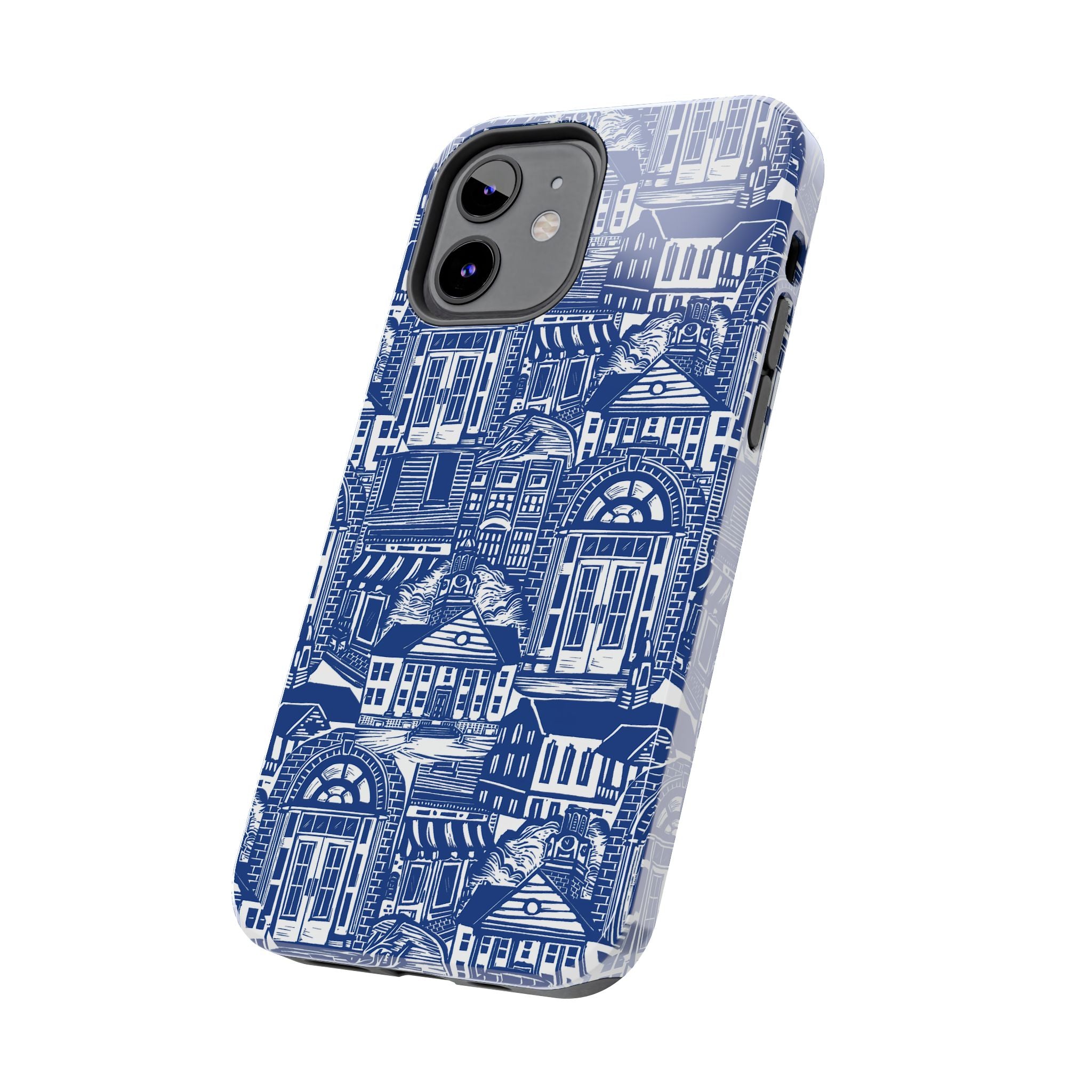 Doorway Cottage Pattern Tough Phone Case — Blue Architectural Houses Protective Cover