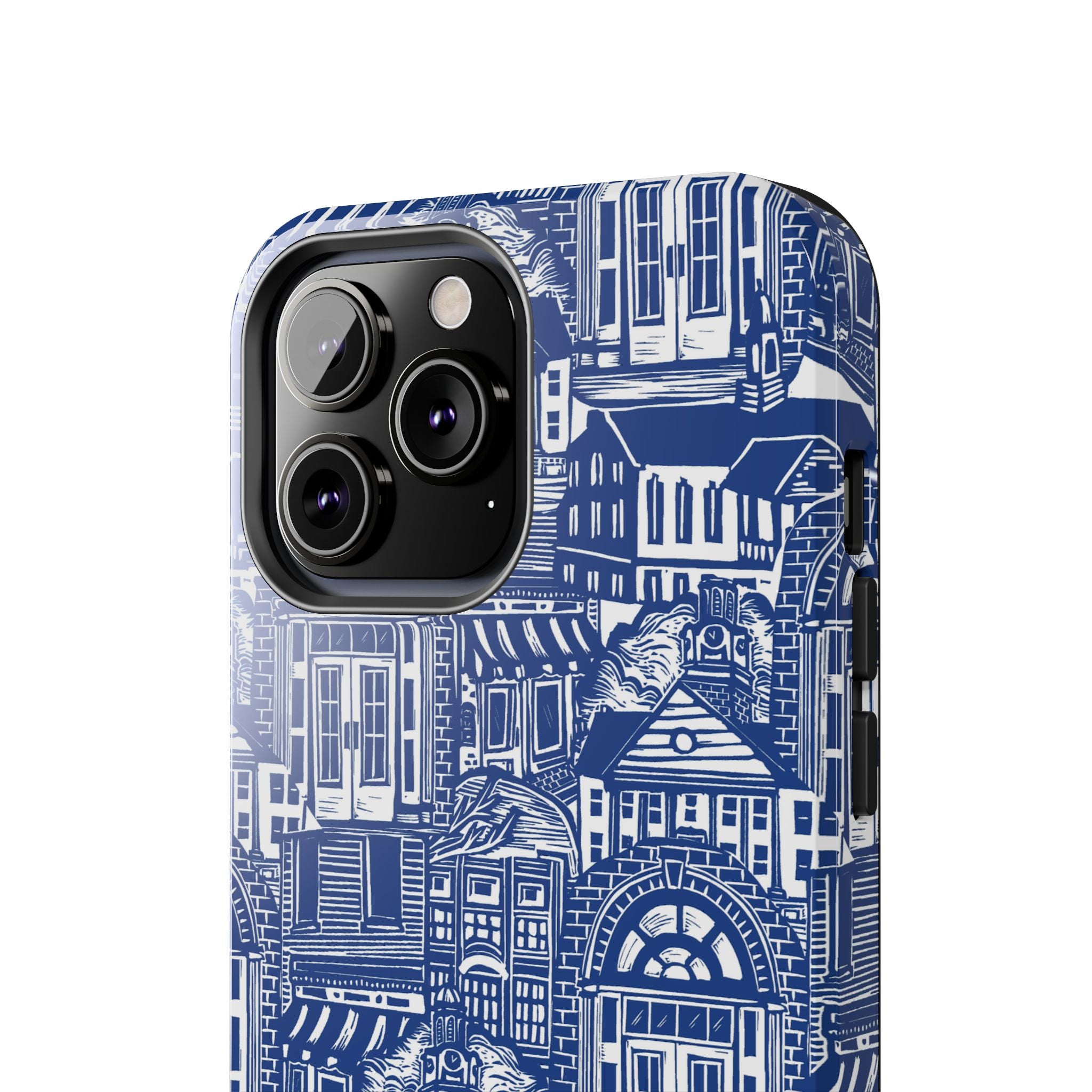 Doorway Cottage Pattern Tough Phone Case — Blue Architectural Houses Protective Cover