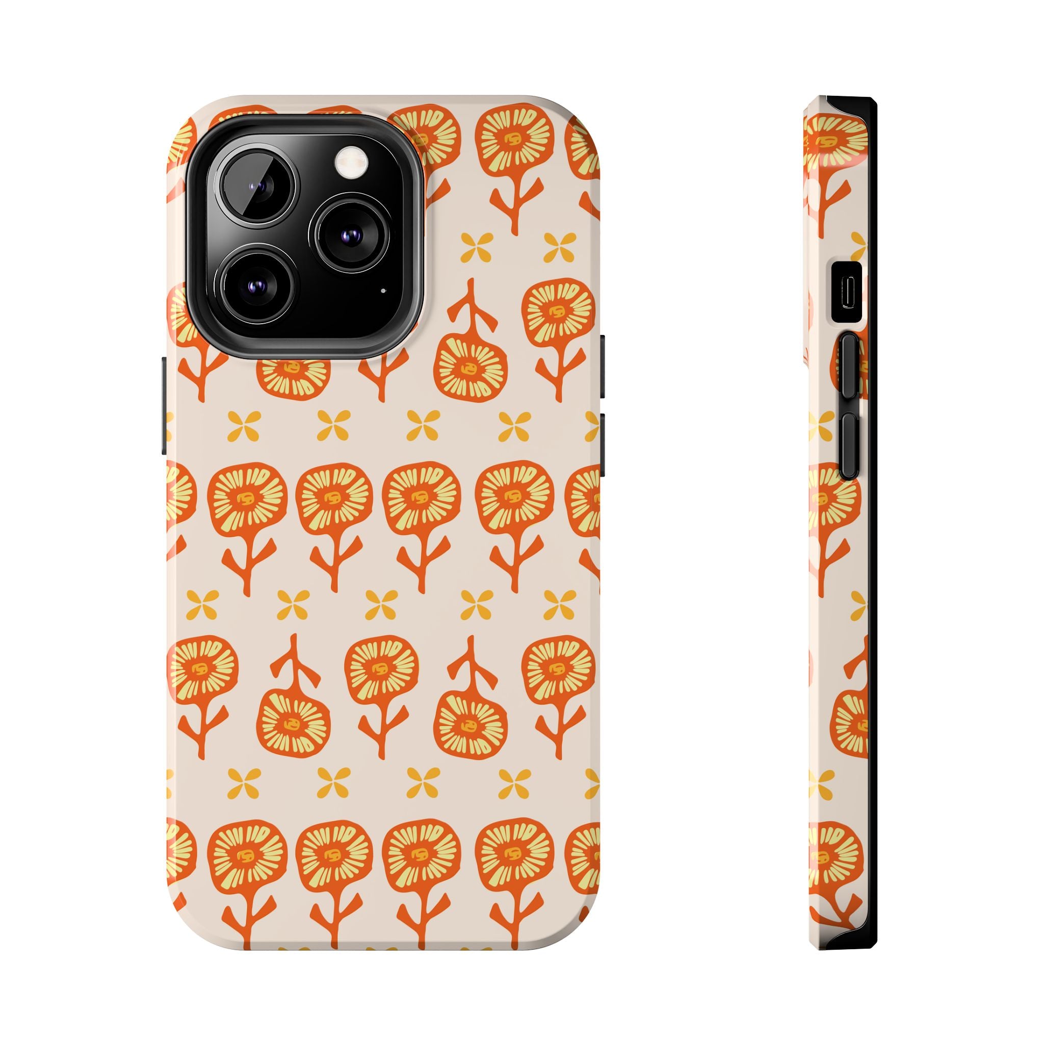 Retro Orange Floral Tough Phone Case — Durable Protective Phone Cover