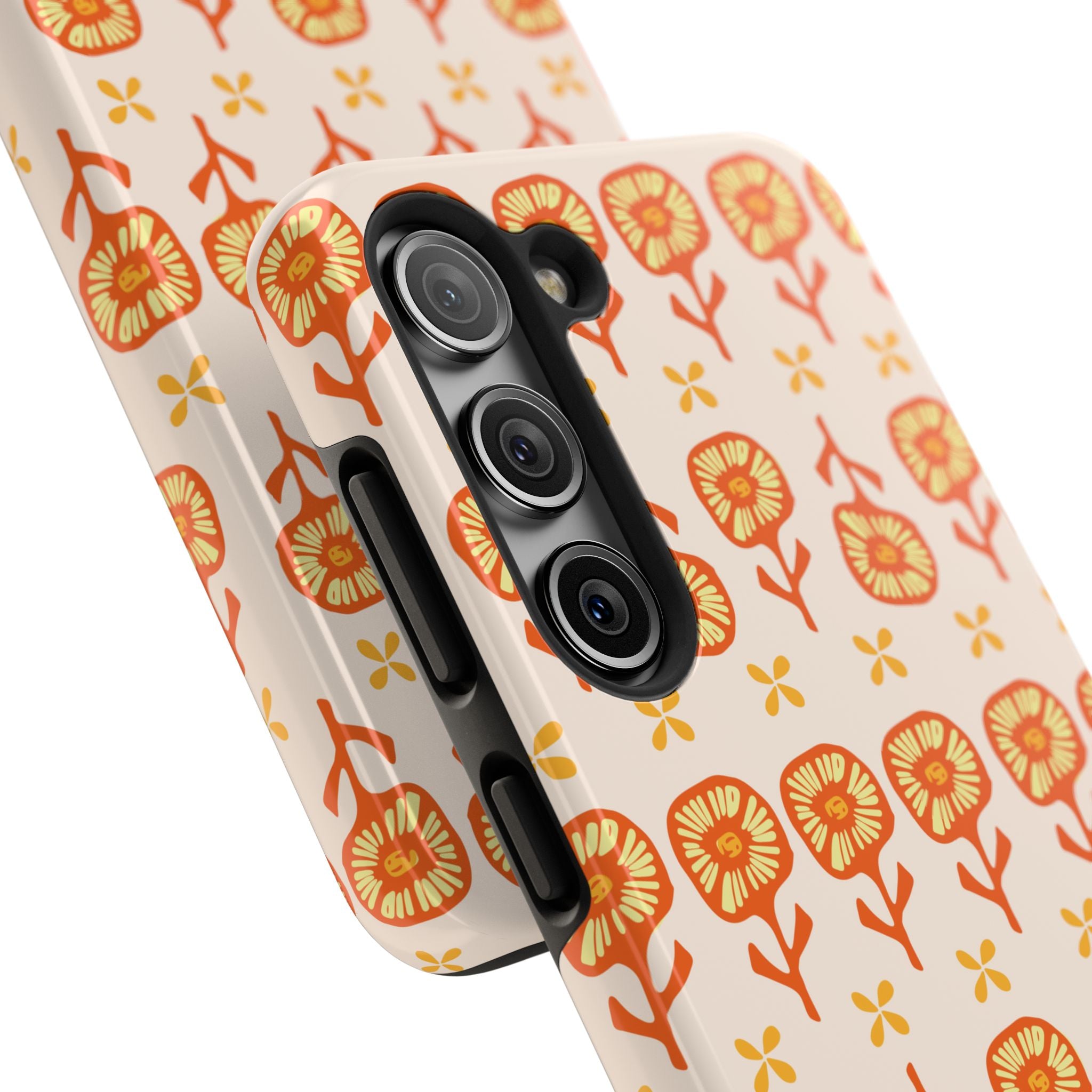 Retro Orange Floral Tough Phone Case — Durable Protective Phone Cover