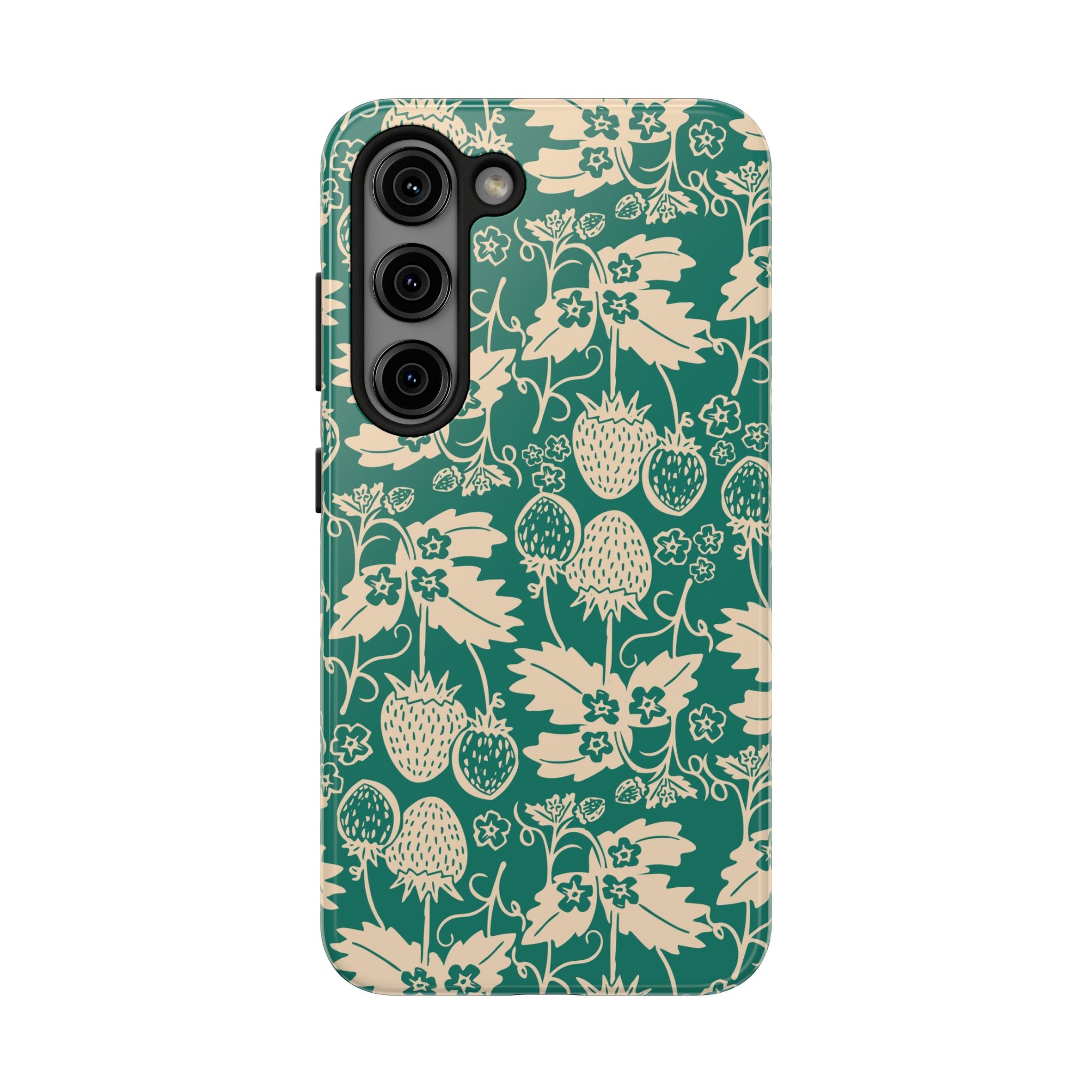 Floral Strawberry Tough Phone Case — Vintage Green Botanical Protection