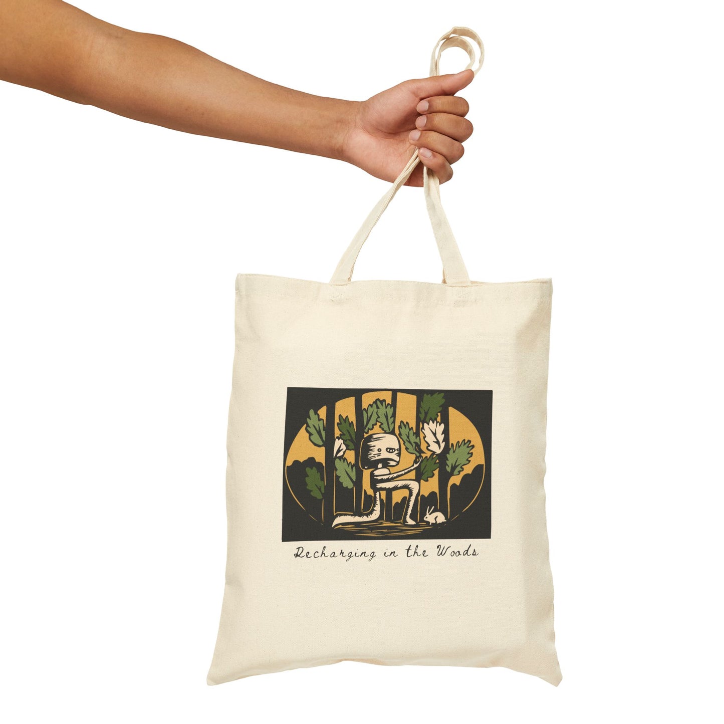 Cute Forest Robot Folk Art Tote Bag -  Whimsical Fantasy Forestcore Bag - Reboot - Recharging in the Woods