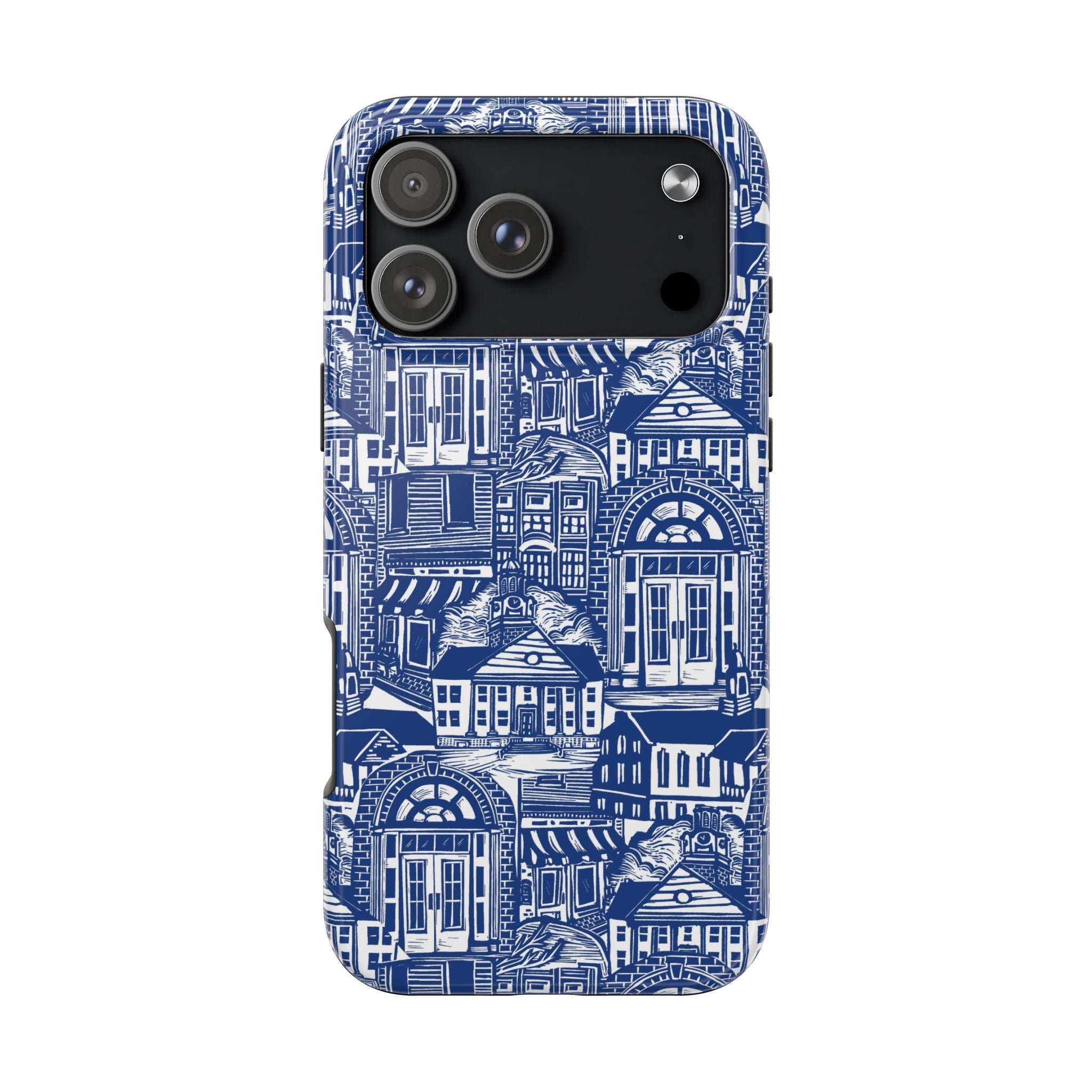 Doorway Cottage Pattern Tough Phone Case — Blue Architectural Houses Protective Cover