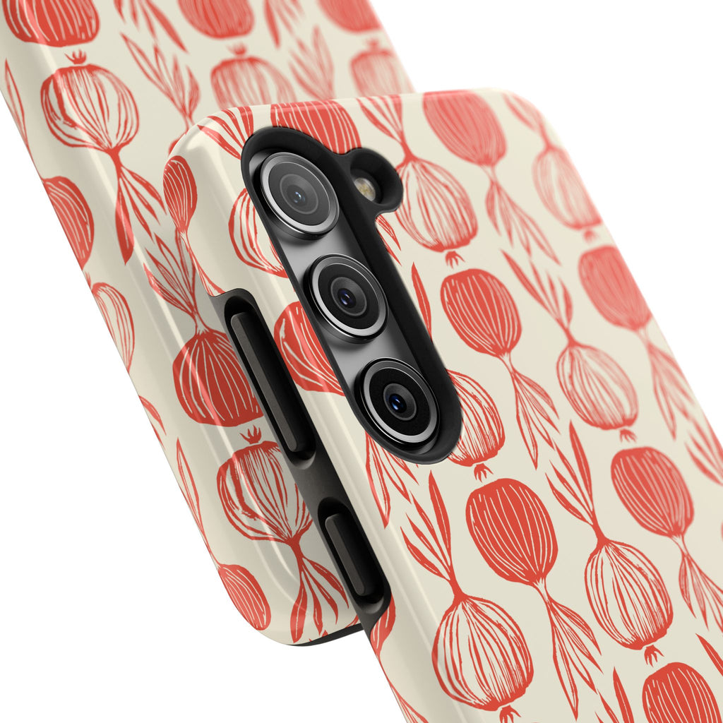 Floral Onion Pattern Tough Phone Case — Red Botanical Protective Phone Cover