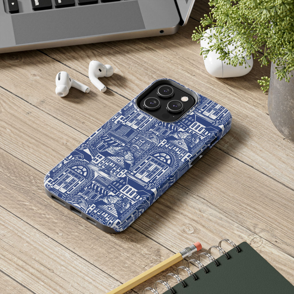 Doorway Cottage Pattern Tough Phone Case — Blue Architectural Houses Protective Cover