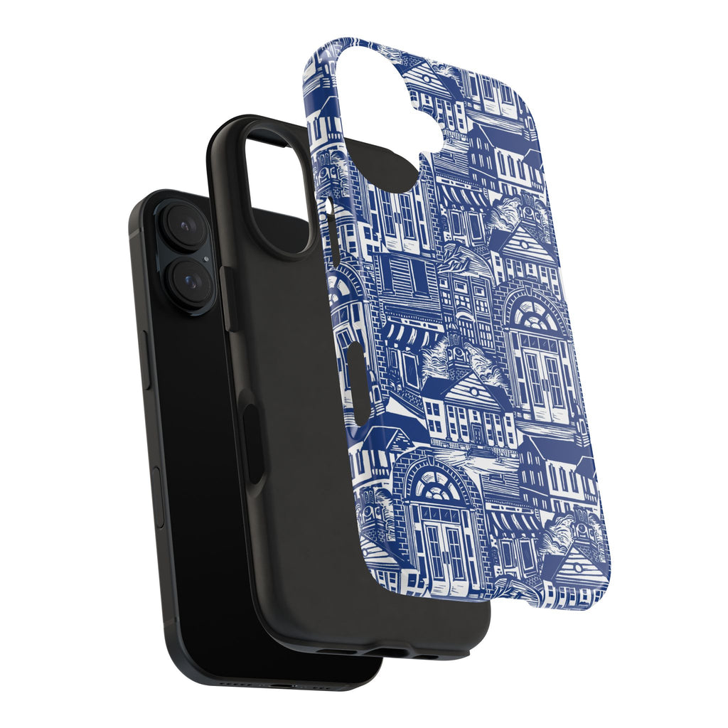 Doorway Cottage Pattern Tough Phone Case — Blue Architectural Houses Protective Cover